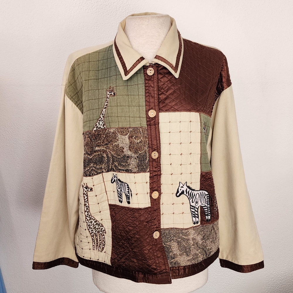 New Direction Jacket 100% Cotton Safari Zebra Patchwork Cream Multi Size XL - Picture 5 of 14